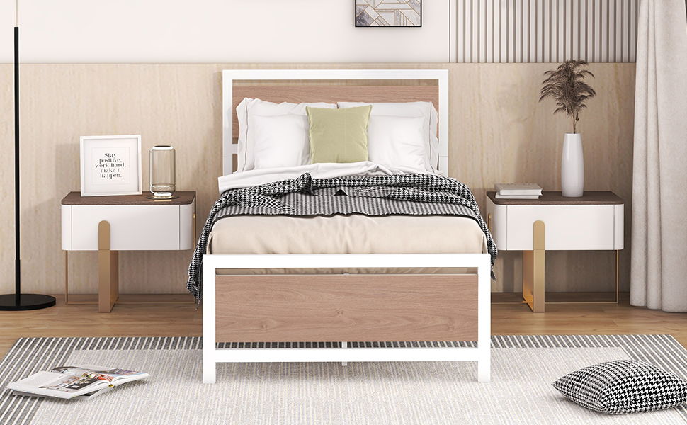 Twin Size Platform Bed, Frame With Headboard And Footboard - White