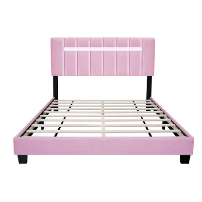 Velvet Upholstered Bed Frame With Adjustable Features, Teenage Girl's Favorite Collection - Pink