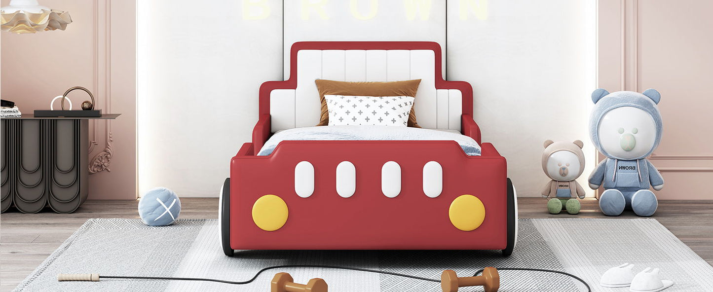 Twin Size Race Car Shaped Platform Bed & Wheels - Red