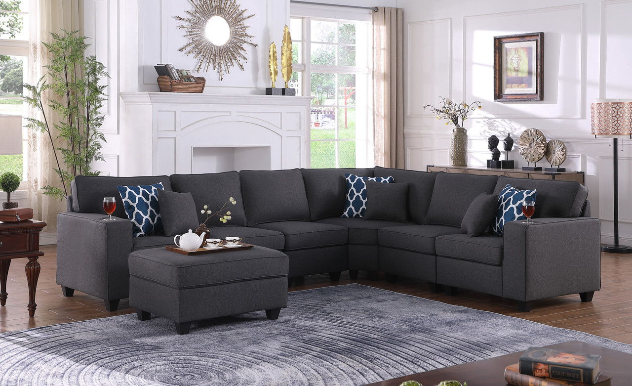 Cooper - 7 Piece Reversible L-Shape Sectional Sofa With Comfort Ottoman And Cupholder - Dark Gray