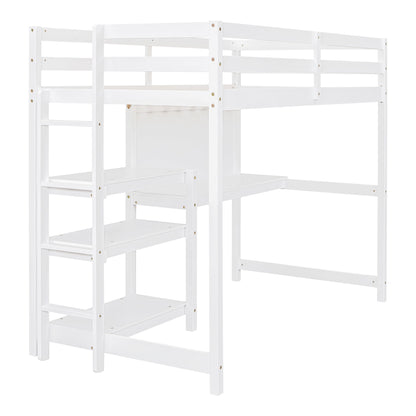 Twin Size Loft Bed With Shelves, Desk And Writing Board - White