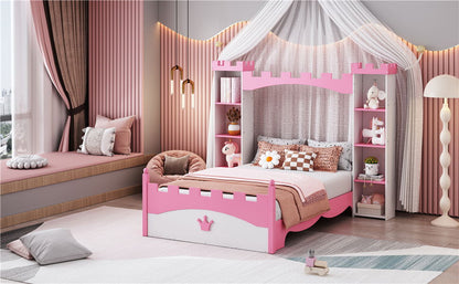 Castle Shaped Bed With Storage Shelf, Dreamy Twin Size Platform Bed For Kids Bedroom - White / Pink