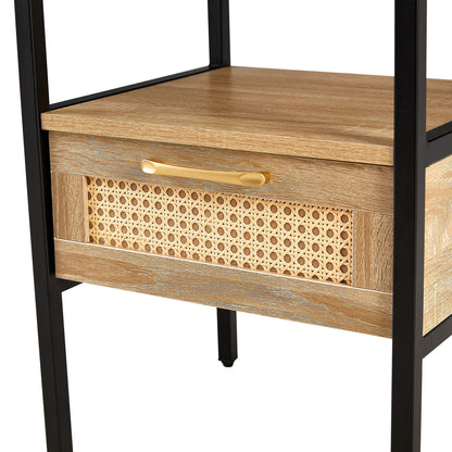 Rattan End Table With Drawer, Modern Nightstand, Metal Legs, Side Table For Living Room, Bedroom - Natural