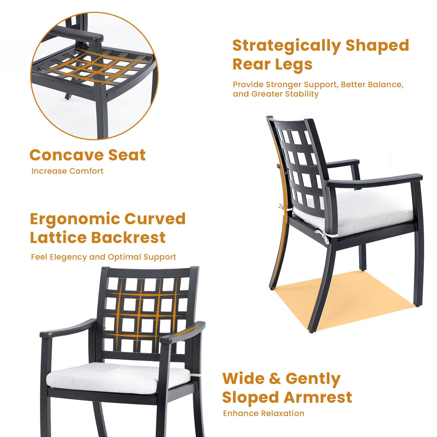 7 Pieces Outdoor Patio Dining Set, Rectangular Table And 6 Stationary Dining Chairs, Cast, Rust Free, Sunbrella Cushions, Weather Resistant - Ember Black