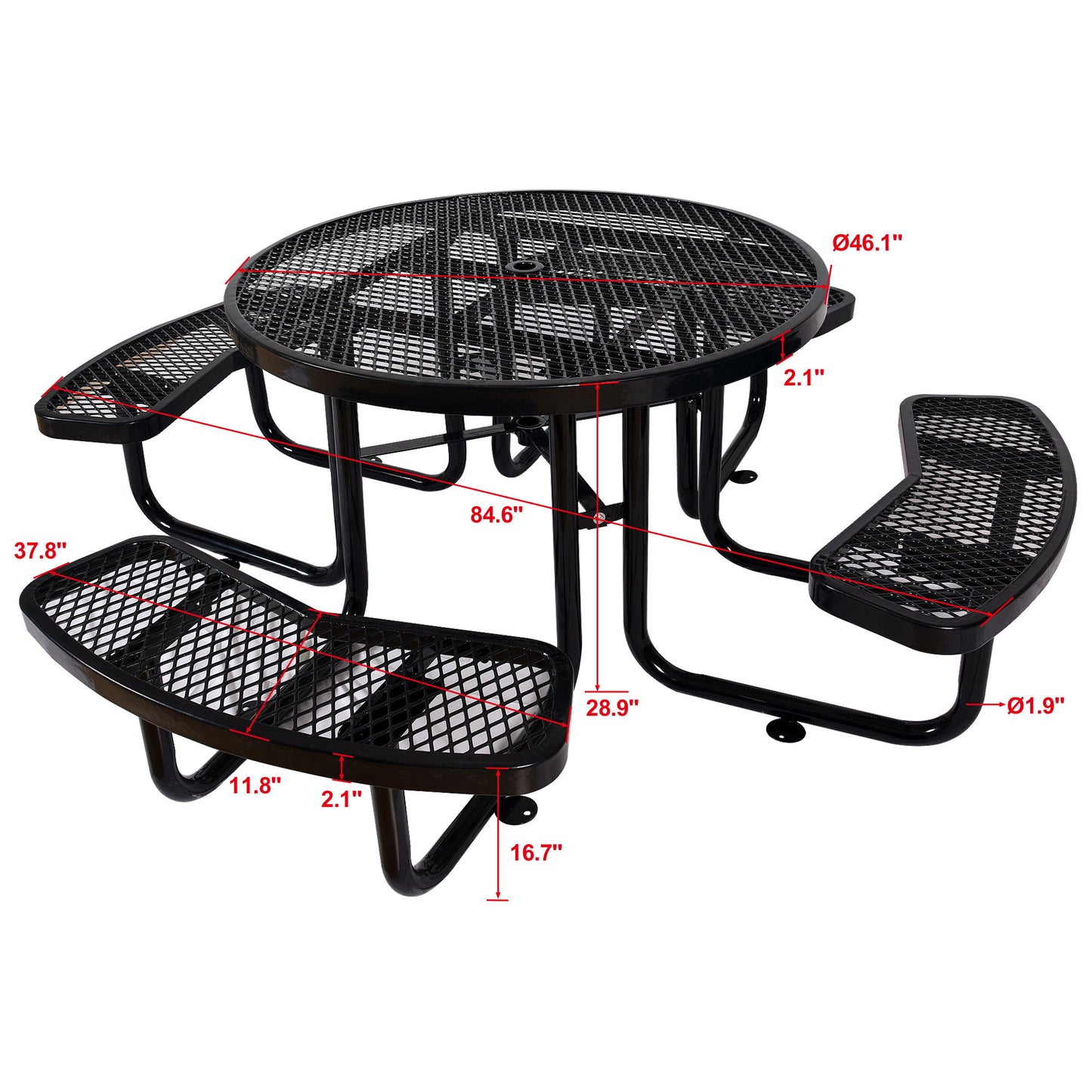Round Outdoor Steel Picnic Table, With Umbrella Pole - Black