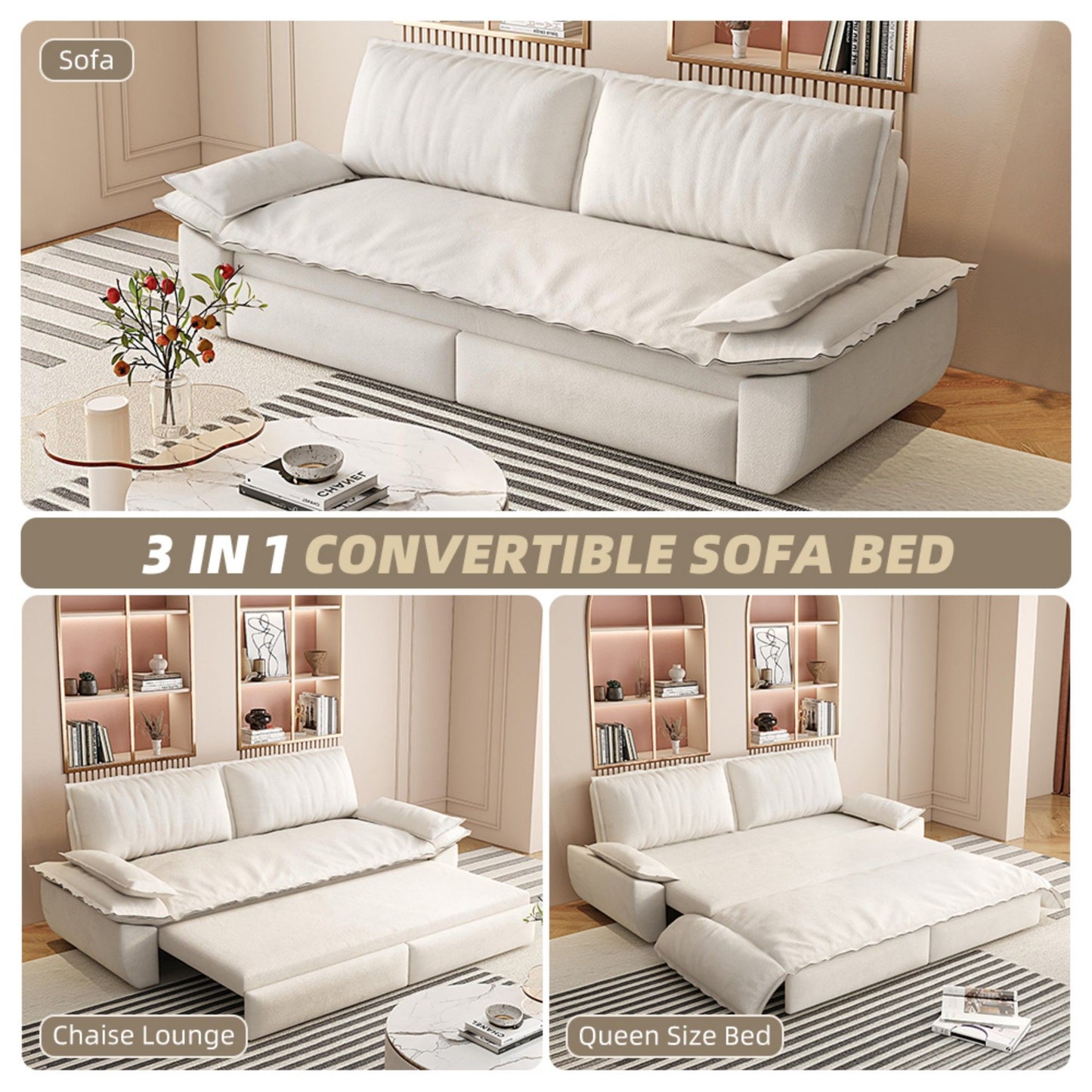 Queen Pull Out Sofa Bed, 3 In 1 Convertible Sleeper Sofa Multifunctional Velvet Loveseat Bed - Beige