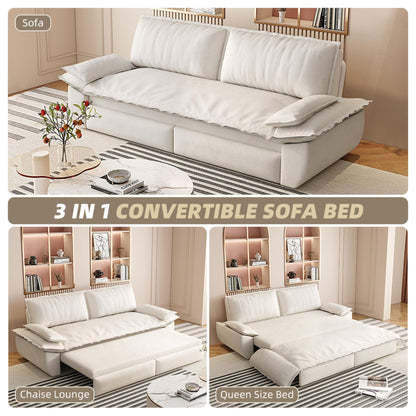 Queen Pull Out Sofa Bed, 3 In 1 Convertible Sleeper Sofa Multifunctional Velvet Loveseat Bed - Beige