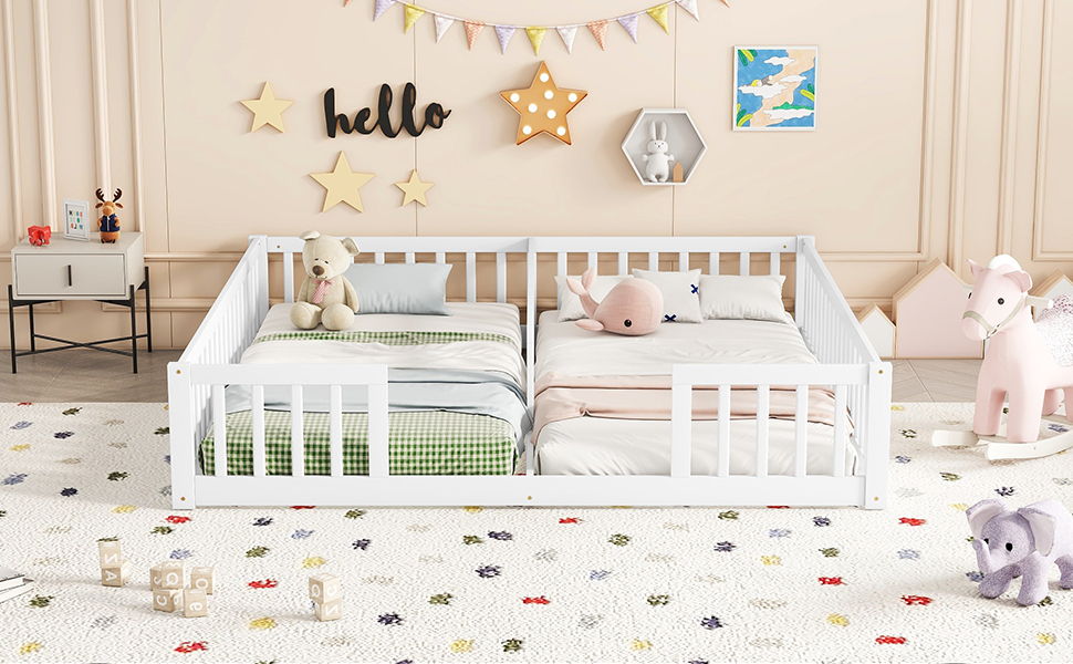 Double Twin Floor Bed With Fence, Guardrails, Without Door - White