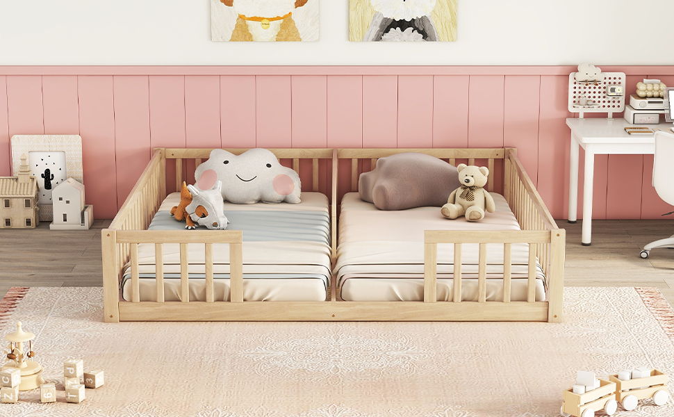 Double Twin Floor Bed With Fence, Guardrails, Without Door - Natural