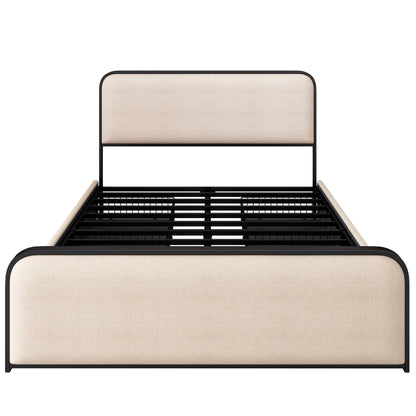Modern Metal Bed Frame With Curved Upholstered Headboard And Footboard Bed With 4 Storage Drawers, Heavy Duty Metal Slats, King Size - Beige