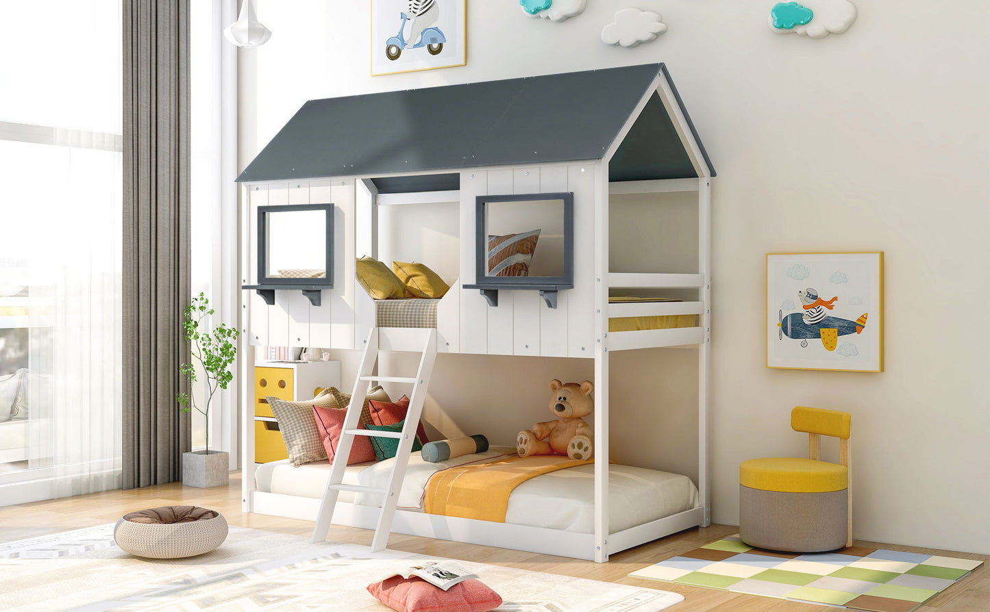 Twin Over Twin Bunk Bed Bed With Roof, Window, Guardrail, Ladder - White