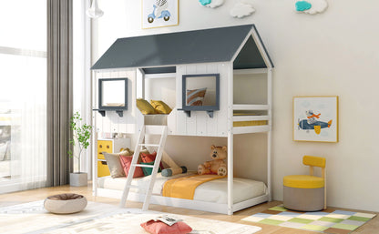 Twin Over Twin Bunk Bed Bed With Roof, Window, Guardrail, Ladder - White