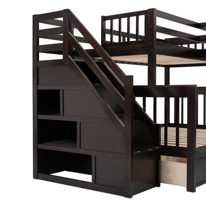 Twin Twin Over Full L Shaped Bunk Bed With 3 Drawers, Portable Desk And Wardrobe - Espresso