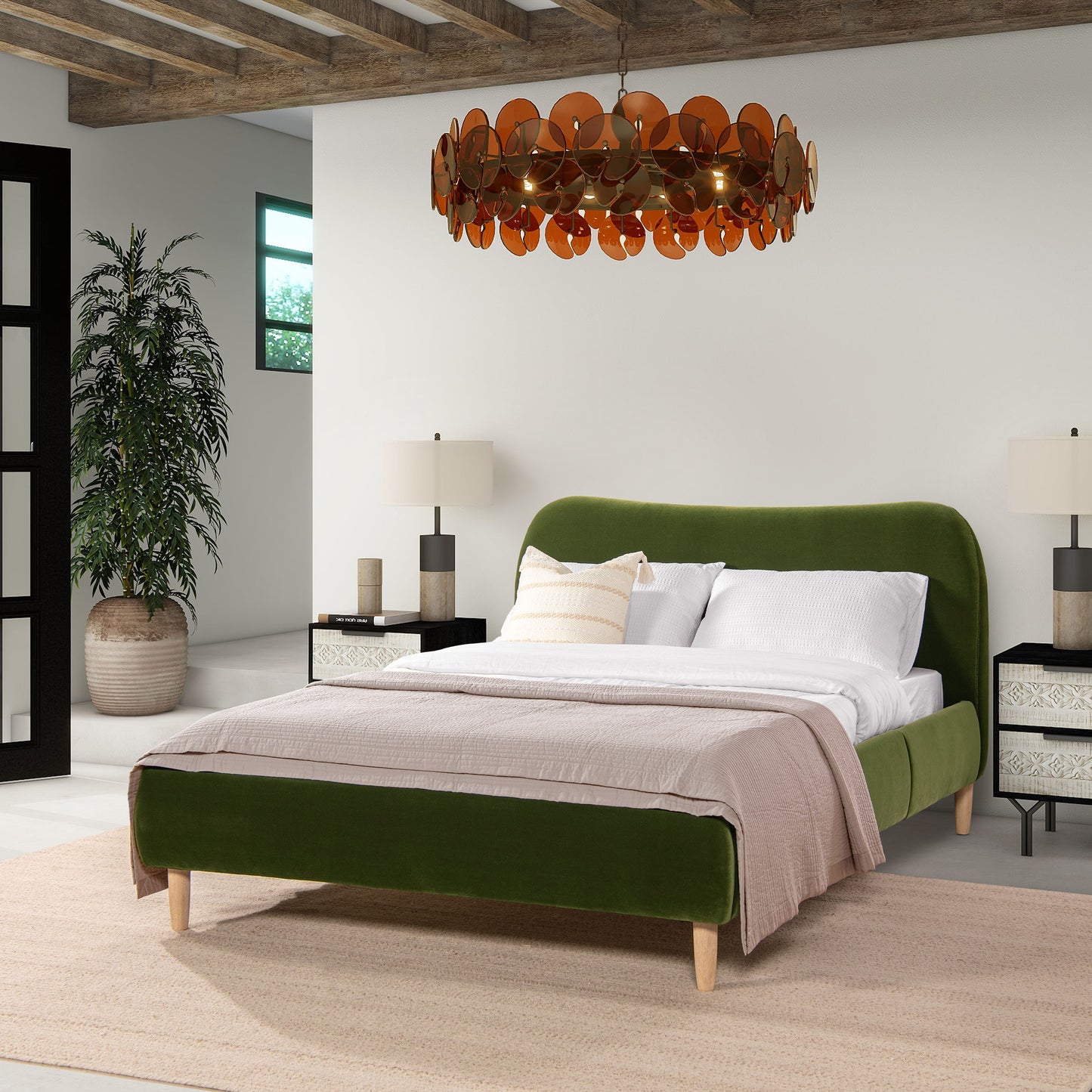 Roman - Queen Curved Headboard Upholstered Platform Bed - Olive Green