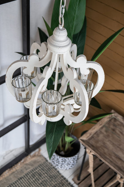 Farmhouse Chandelier, 6 Light Wood Chandelier Pendant Light Fixture With Adjustable Chain For Dining Room Living Room Entryway, Bulb Not Included - Cream
