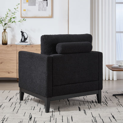 Wide Modern Farmhouse Performance Accent Chair With Black Legs, Wood Base Reading Armchair Single Sofa With 2 Bolster Pillows For Living Room Offices And Lounge - Black