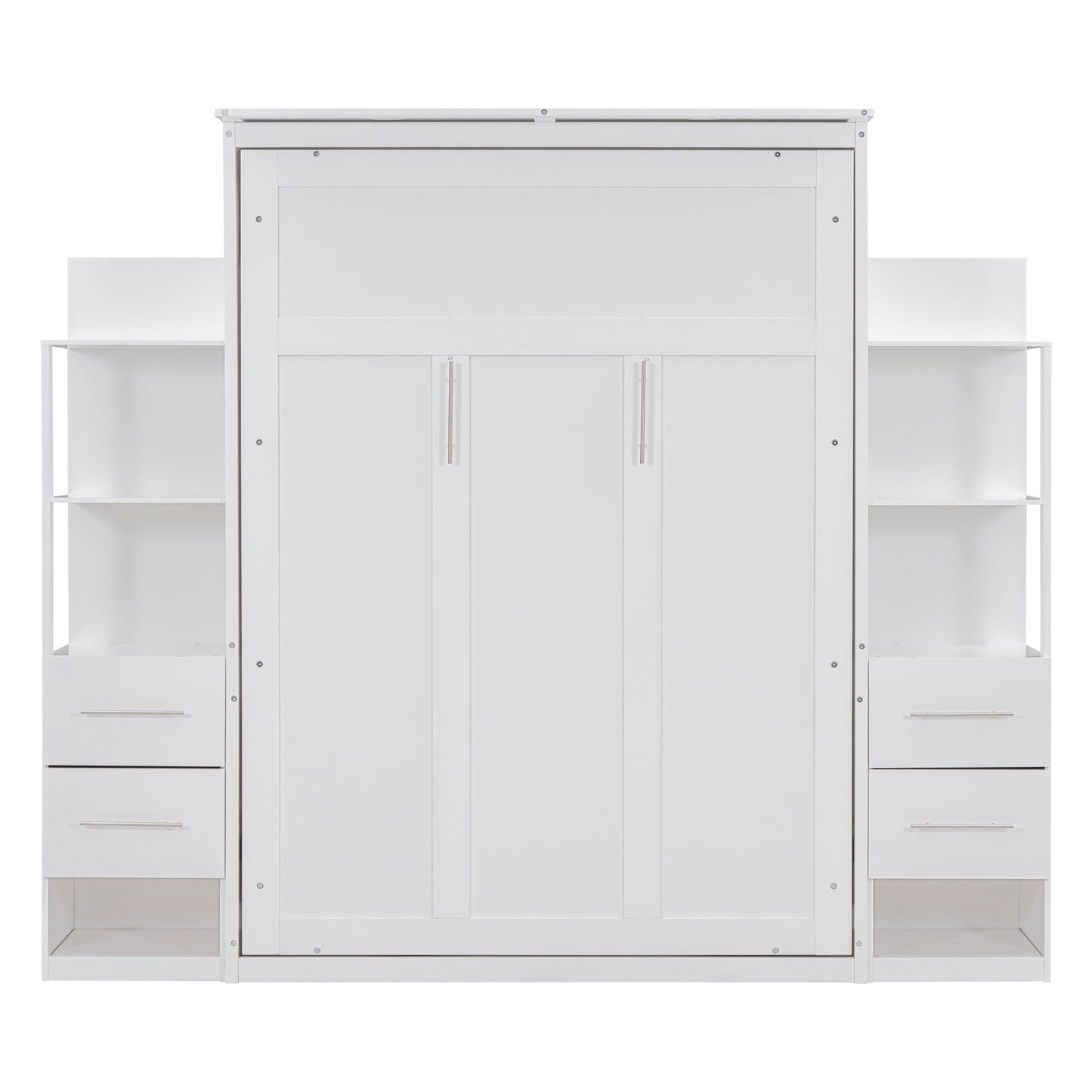 Full Size Murphy Wall Bed With Shelves, Drawers And LED Lights - White