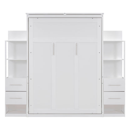 Full Size Murphy Wall Bed With Shelves, Drawers And LED Lights - White