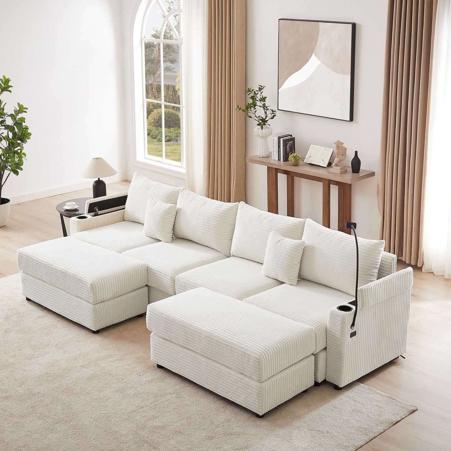 Modern Style 4 Seater Sofa Sectional Sofa Couch With Storage Space, Two Movable Ottomans, Two USB Ports, Two Cup Holders, A Phone Holder For Living Room - Beige