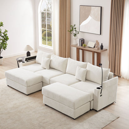 Modern Style 4 Seater Sofa Sectional Sofa Couch With Storage Space, Two Movable Ottomans, Two USB Ports, Two Cup Holders, A Phone Holder For Living Room - Beige