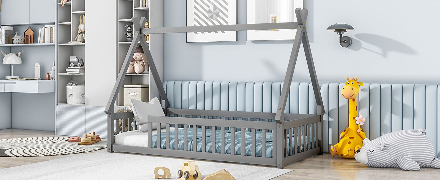 Twin Tent-Shaped Floor Bed, Teepee Bed With Guardrails, Slats - Gray
