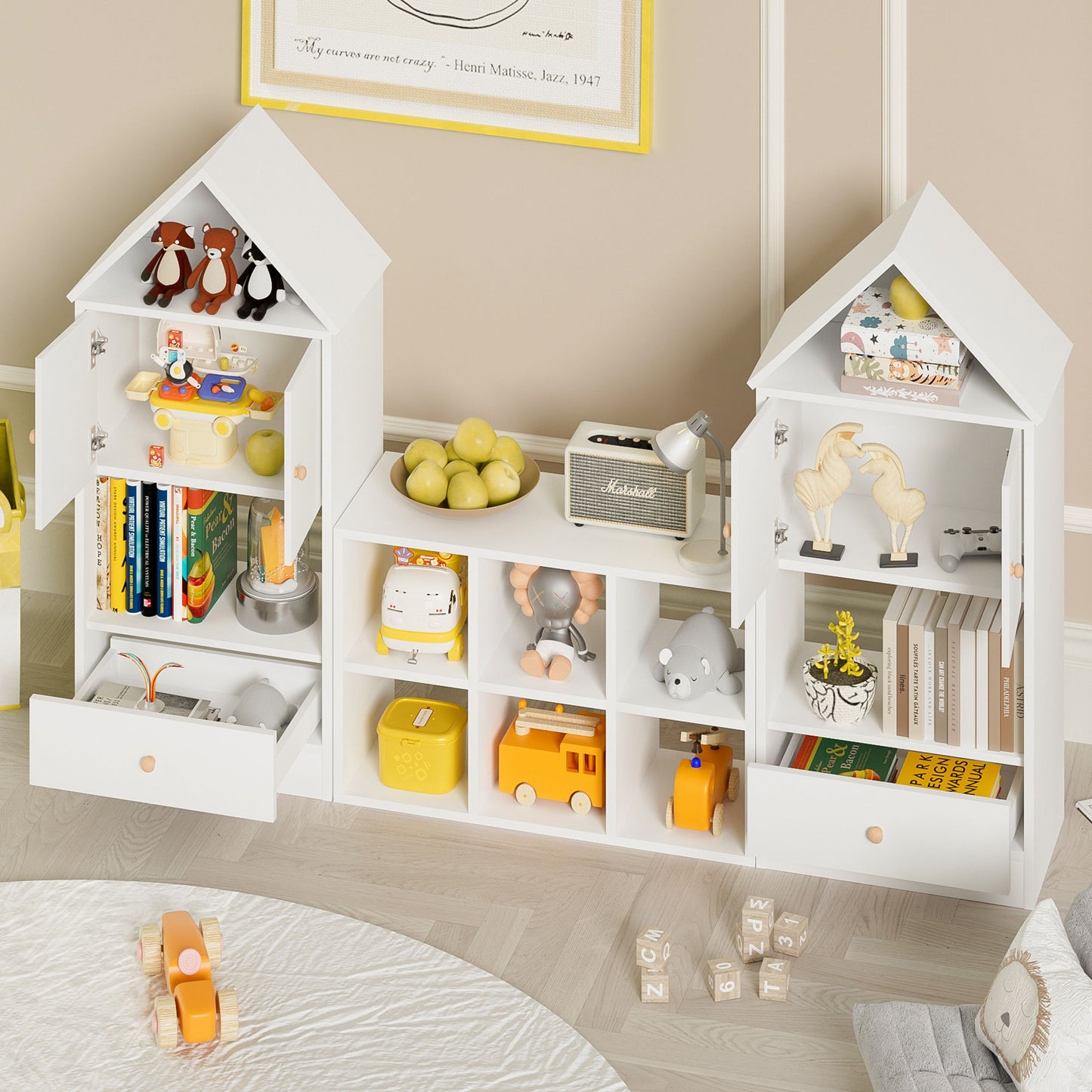 Versatile Children's Bookshelf With House-Shaped Design Multifunctional Storage - White