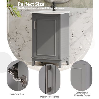 Modern Small Bathroom Vanity Cabinet With Ceramic Basin, Ample Storage, 1 Soft-Close Door - Gray