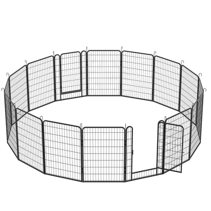 16 Panels Heavy Duty Metal Playpen With Door, Dog Fence Pet Exercise Pen For Outdoor - Black