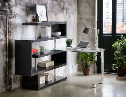 Buck II - Clear Glass, Chrome High Gloss Writing Desk With Shelf - Black