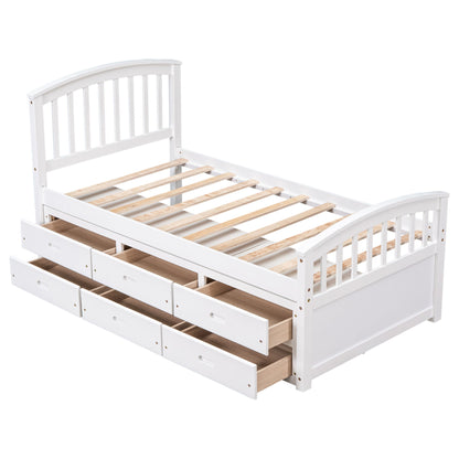 Twin Size Platform Storage Bed Solid Wood Bed With 6 Drawers - White