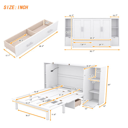 Full Size Murphy Bed With Shelves, Drawers And USB Ports - White