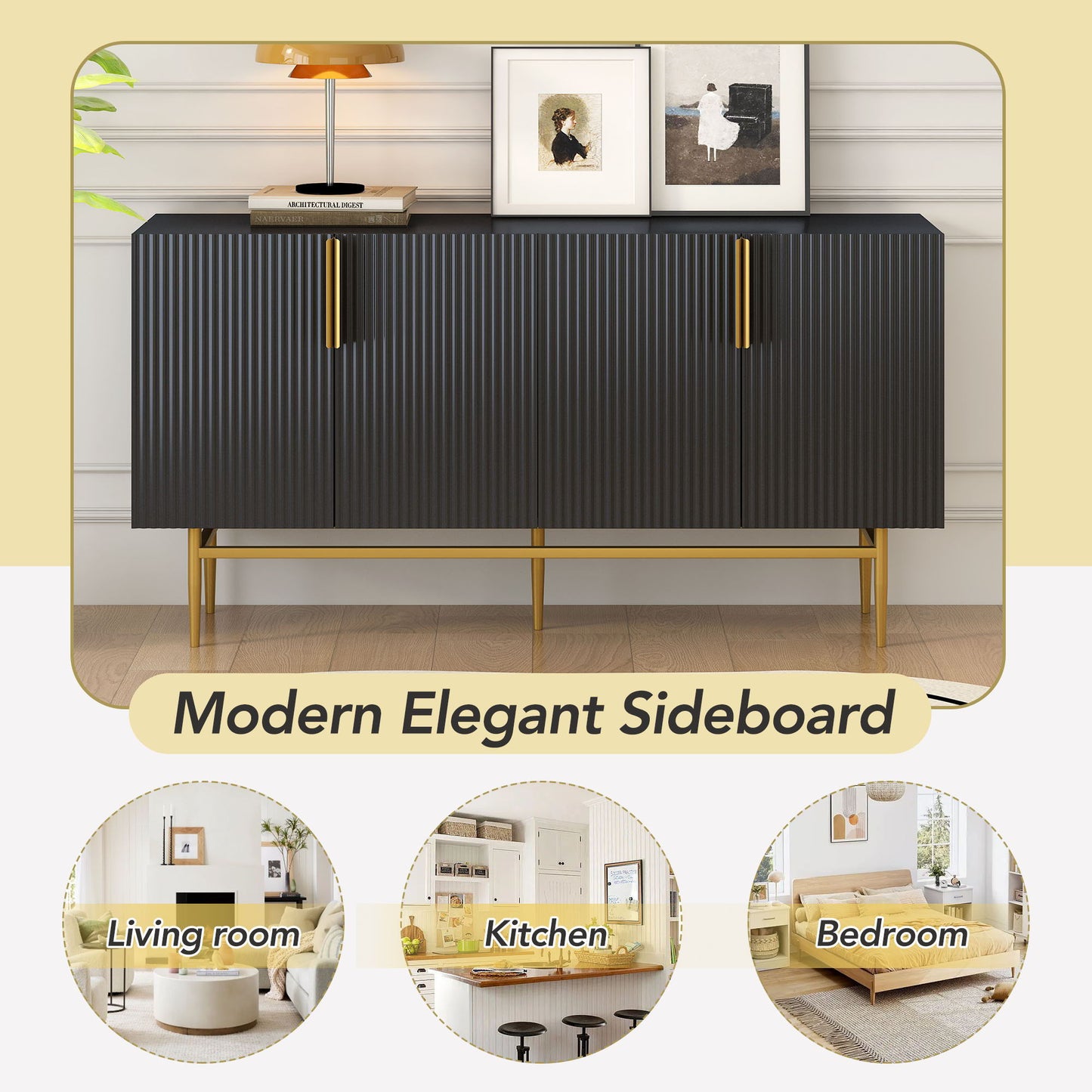 Modern Elegant 4 Door Sideboard Gold Metal Handle Buffet Cabinet For Dining Room, Living Room, Bedroom, Hallway - Black