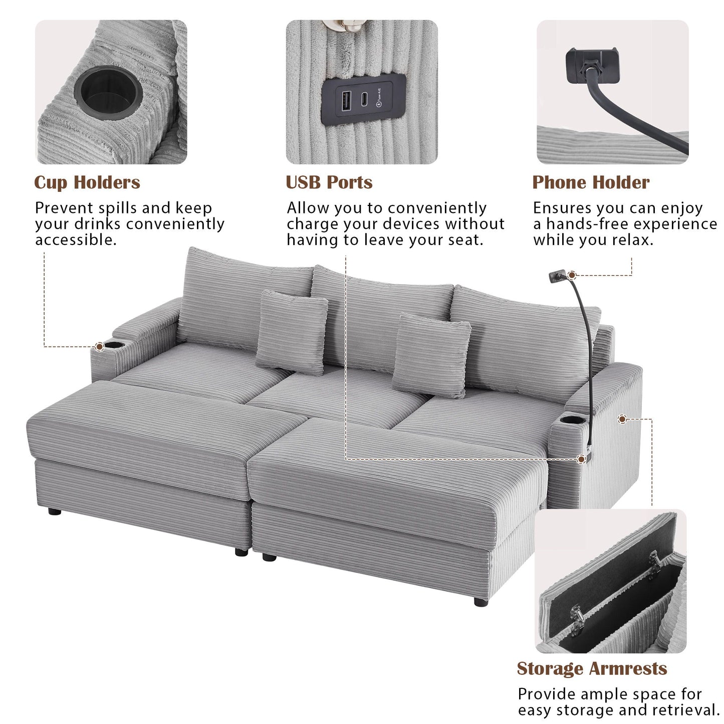 Modern Style 3 - Seater Sofa Sectional Sofa Couch With Storage Space, Two Movable Ottomans, Two USB Ports, Two Cup Holders, A Phone Holder For Living Room - Gray