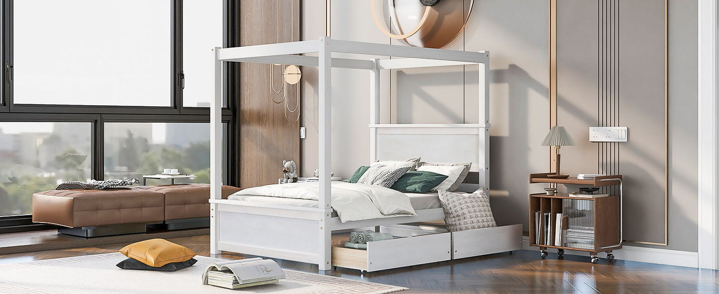 Full Size Canopy Platform Bed 2 Drawers With Support Slats, No Box Spring Needed - Brushed White