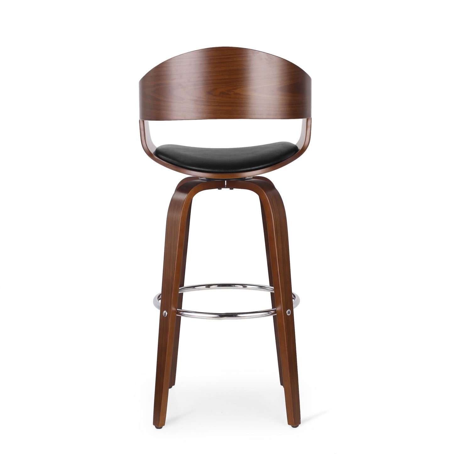 Upholstered Swivel Barstool With Wood Frame / Chrome Footrest - Walnut / Black