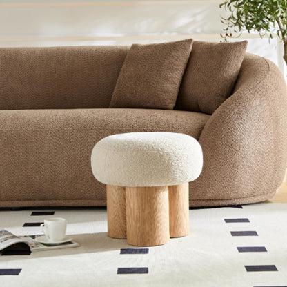 Mushroom Stool With Plush Cushion, Wooden Barrel Pipe - Greige / Walnut