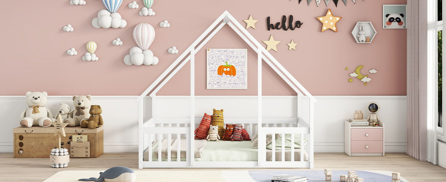 Full Wood House-Shaped Floor Bed With Fence, Guardrails - White