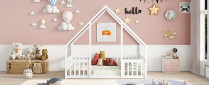 Full Wood House-Shaped Floor Bed With Fence, Guardrails - White