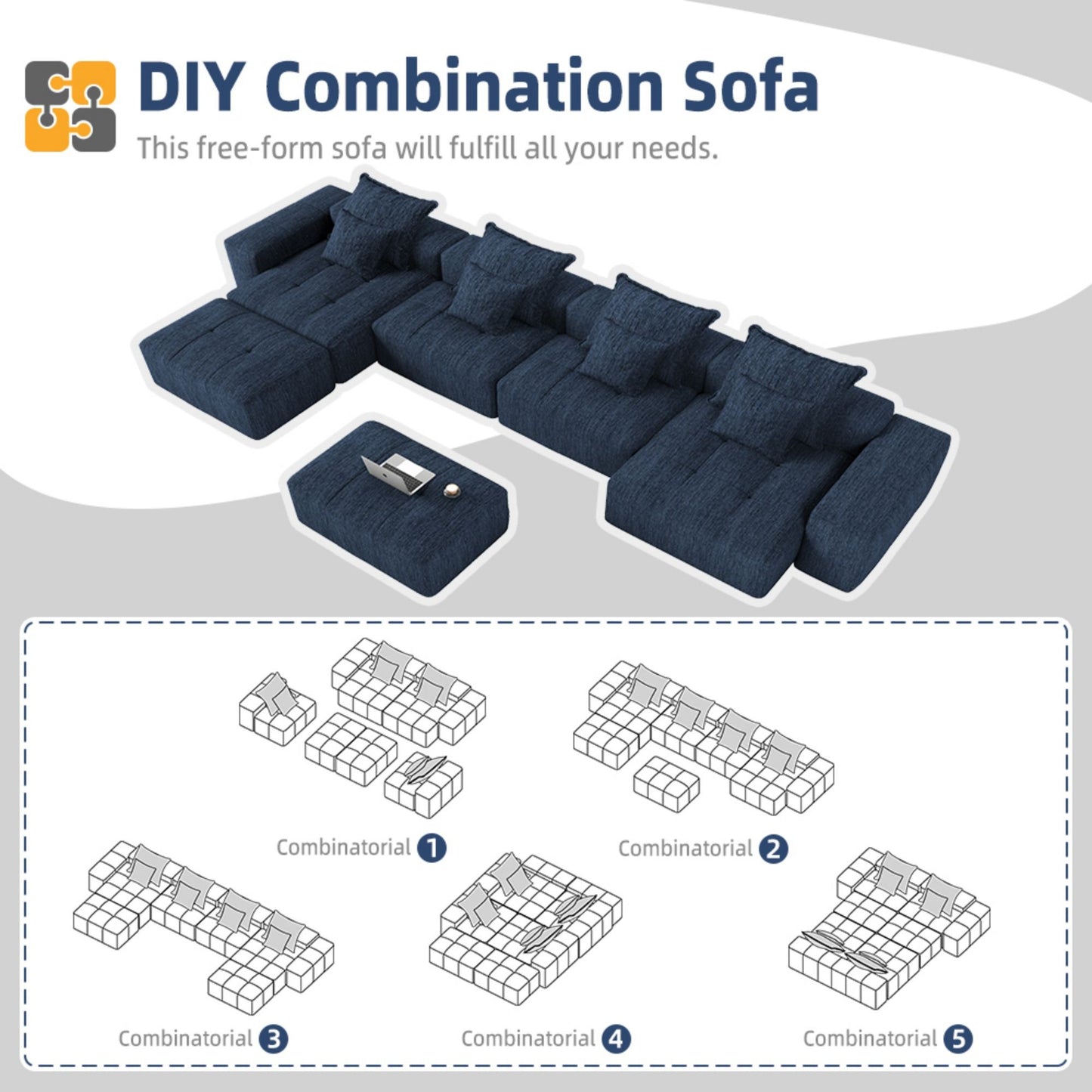 Modern Oversized Modular Sectional Sofa, Sparkling Chenille Fabric Soft Cushion Sofa With 8 Pillows, 8 Pieces Diy Combination Tufted Sofa, No Assembly Required - Blue