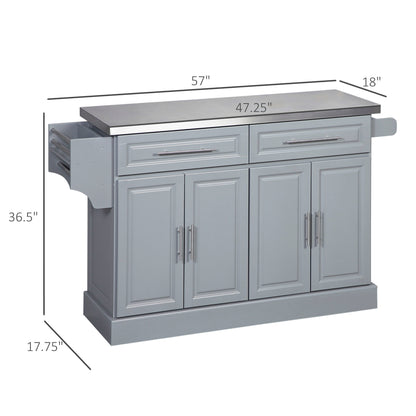 Homcom - Rolling Kitchen Island With Storage, Portable Kitchen Cart With Stainless Steel Top, 2 Drawers, Spice, Knife And Towel Rack And Cabinets - Gray
