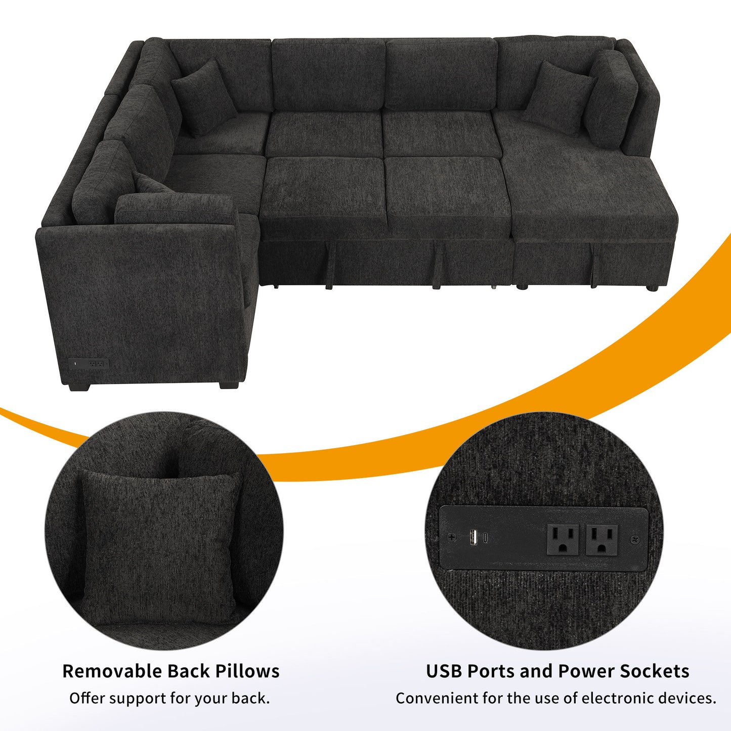 U-Shaped Sectional Sofa Pull Out Sofa Bed With Two USB Ports, Two Power Sockets, Three Back Pillows And A Storage Chaise For Living Room - Black