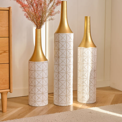Floor Metal Vases Decorated White Metal Vases (Set of 3) Gorgeous Home Decoration Large Glazed Metal Vases - White / Gold