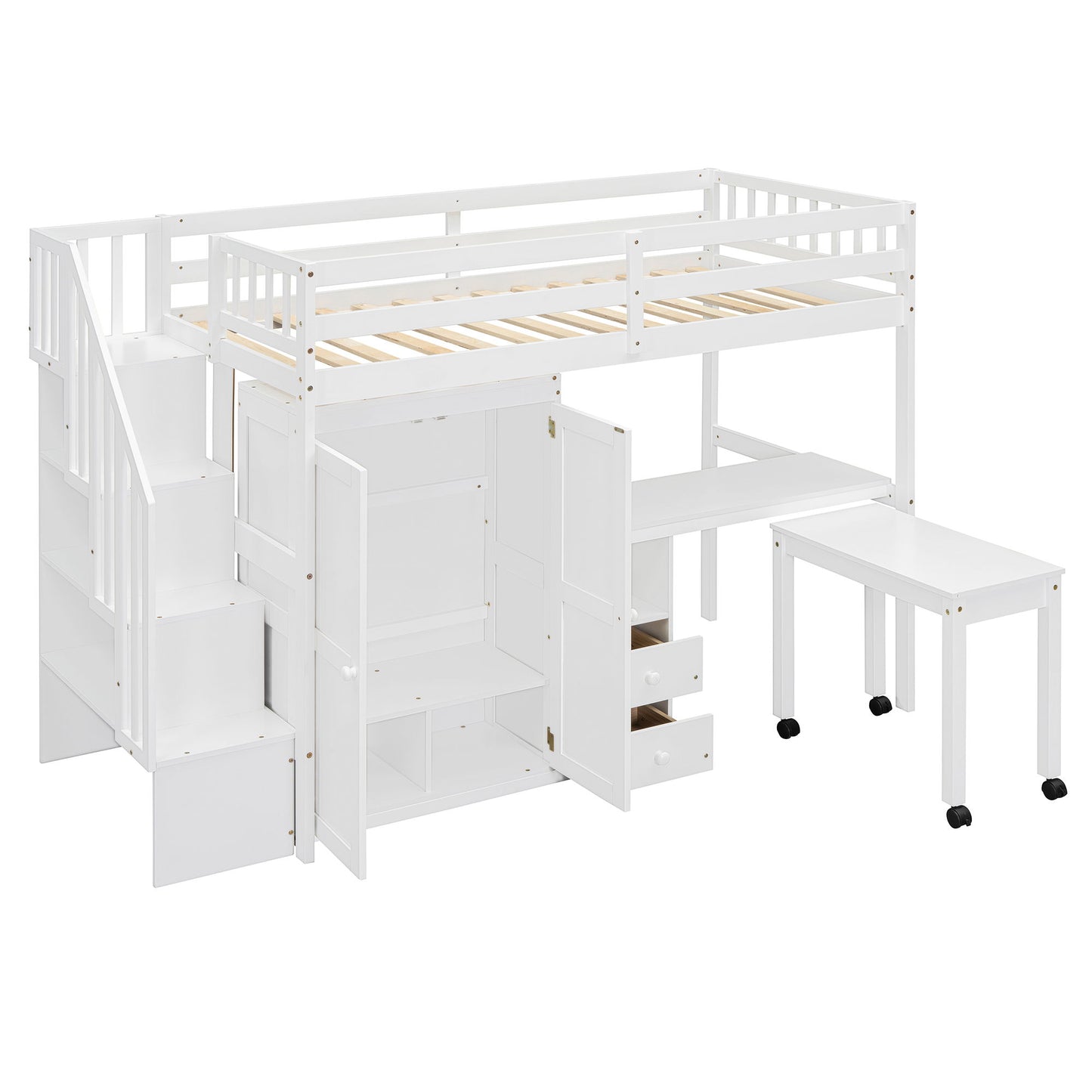 Twin Size Loft Bed With Stairs, Bookshelf, Drawers, Desk & Wardrobe, Space Saving Multifunctional Furniture - White