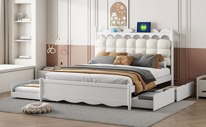 Queen Size Storage Platform Bed, With 2 Big Drawers, Twin Long Size Trundle, One Set Of Sockets & USB Ports - White