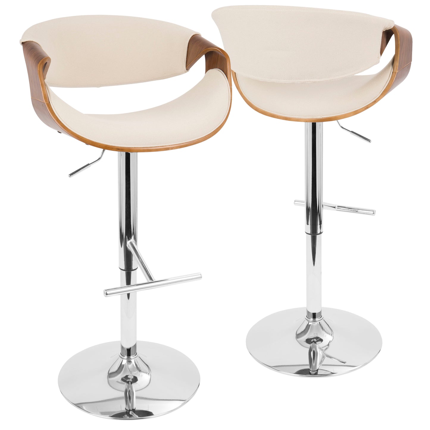 Curvo - Mid-Century Modern Adjustable Barstool With Swivel (Set of 2) - Chrome / Walnut / Cream
