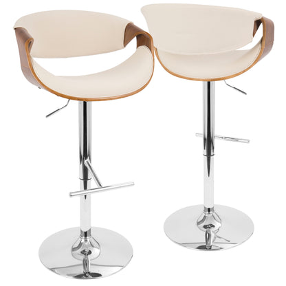 Curvo - Mid-Century Modern Adjustable Barstool With Swivel (Set of 2) - Chrome / Walnut / Cream