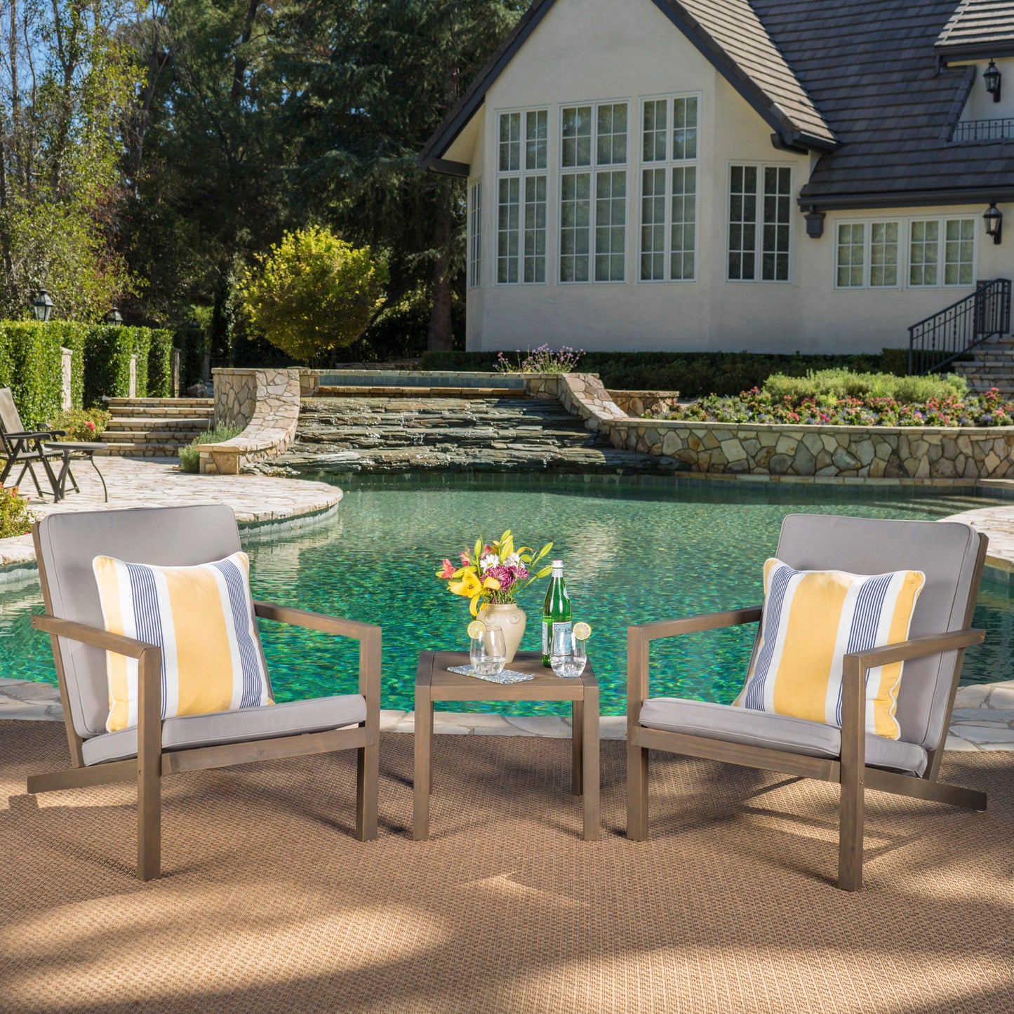 Celestaria - 3 Piece Outdoor Chat Set With Adirondack Chairs, Cushions And Side Table - Gray