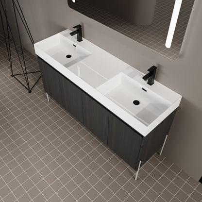 Deluxe 60" Freestanding Bathroom Vanity With Resin Double Sink - Dark Oak