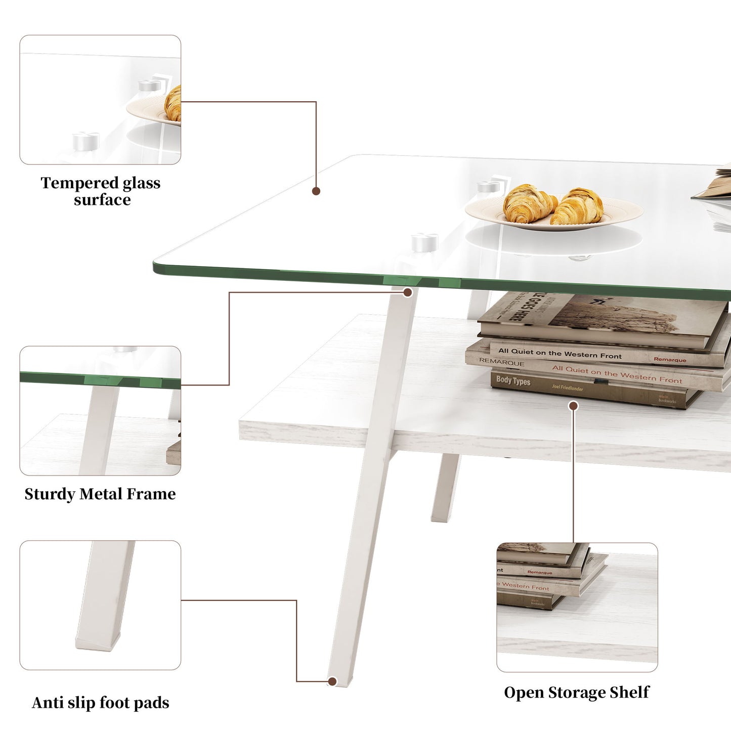 Rectangle Coffee Table, Tempered Glass Tabletop With Metal Legs, Modern Table For Living Room - Transparent / White