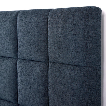 Queen Size Squares Upholstered Platform Bed - Navy Blue Denim